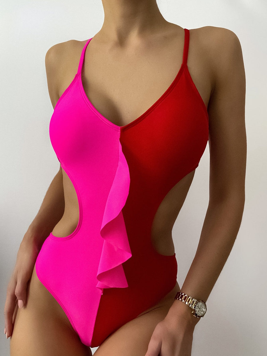 COLOR BLOCK CUT-OUT RUFFLE ONE PIECE SWIMSUIT