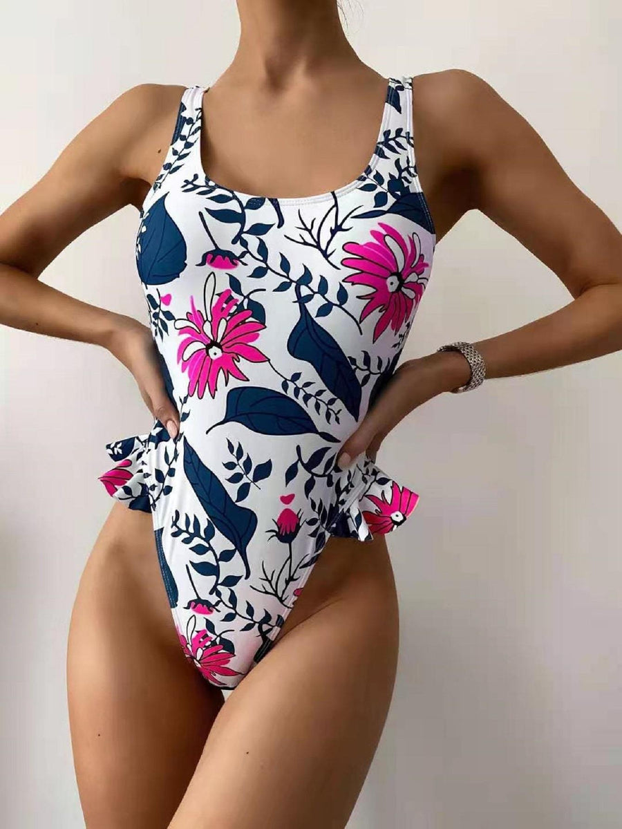 LEAF & FLORAL PATTERN RUFFLE TRIM ONE PIECE SWIMSUIT
